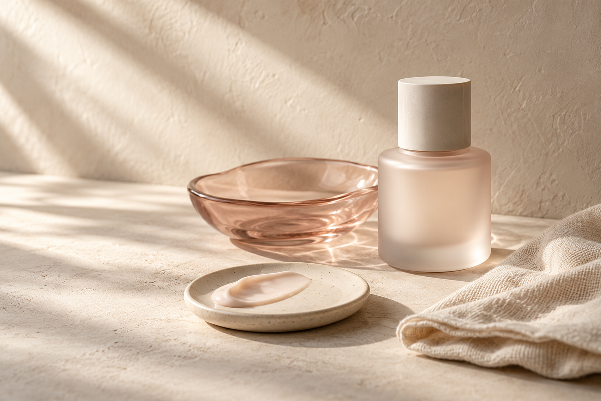 Composition beauté : verre rose poudré, flacon sans étiquette, céramique ivoire et tissu naturel.